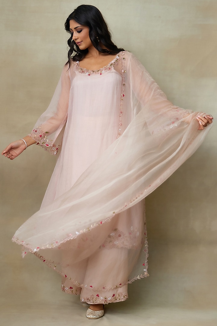 Blush Pink Silk Organza & Shantoon Resham Embroidered Kurta Set by Shasha Gaba at Pernia's Pop Up Shop