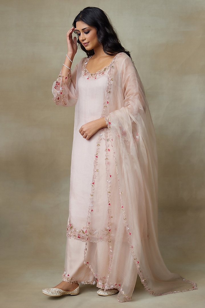 Blush Pink Silk Organza & Shantoon Resham Embroidered Kurta Set by Shasha Gaba at Pernia's Pop Up Shop