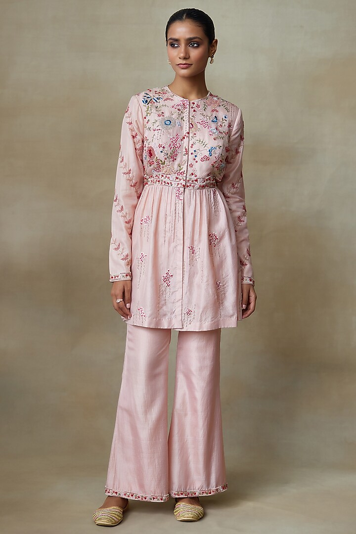 Rose Pink Chamundi Silk Pant Set by Shasha Gaba