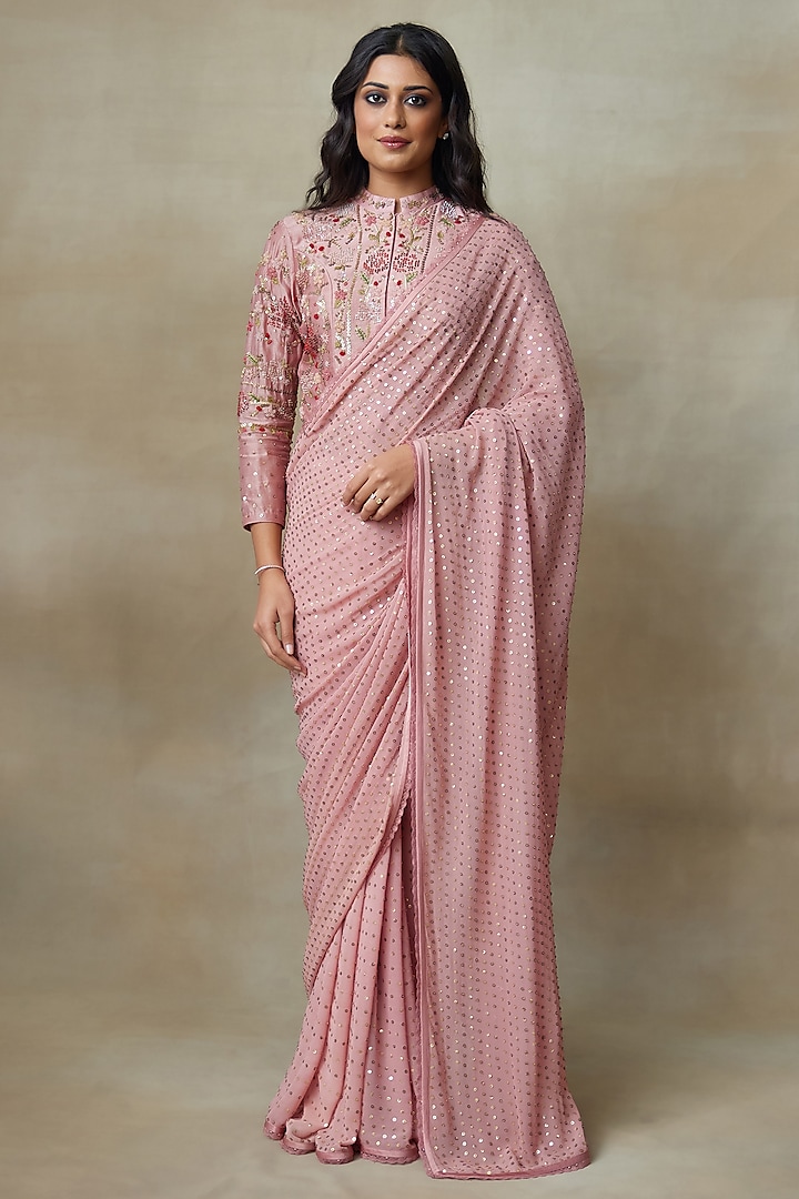 Rose Pink Silk Organza Sequins Work Saree Set by Shasha Gaba