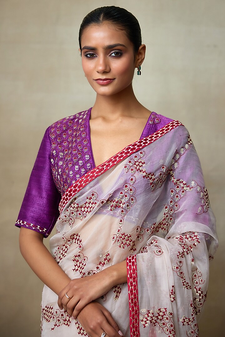 Blush Pink Silk Organza Resham Work Wedding Saree Set by Shasha Gaba at Pernia's Pop Up Shop