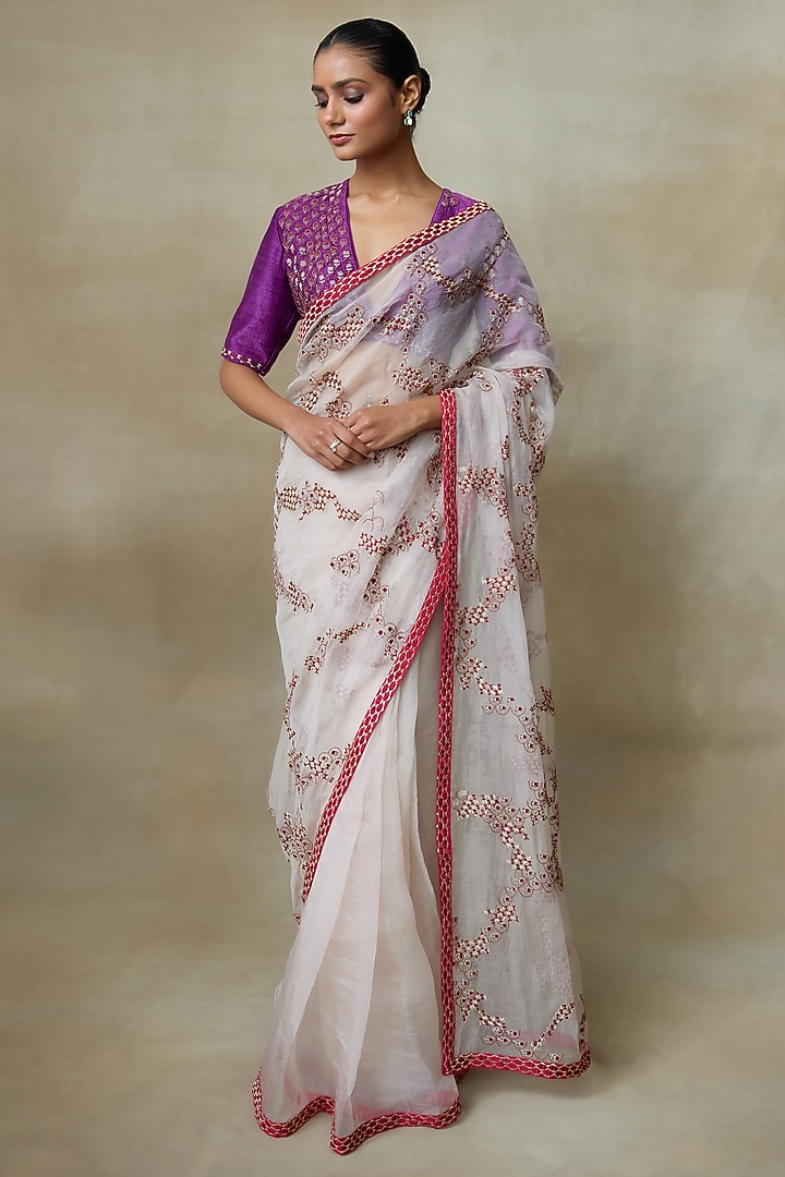 Blush Pink Silk Organza Resham Work Wedding Saree Set by Shasha Gaba at Pernia's Pop Up Shop