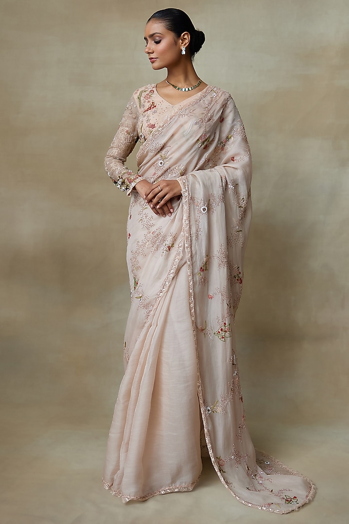 Rose Pink Silk Organza Bead Work Saree Set by Shasha Gaba