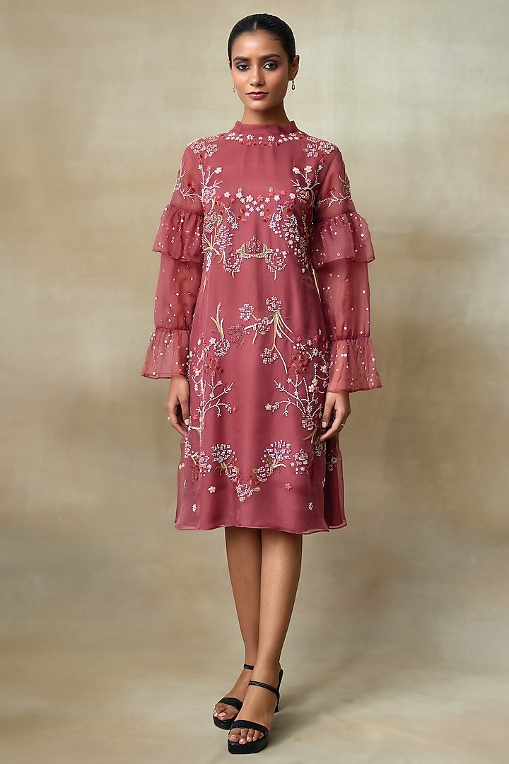 Rust Silk Organza Sequins Work Midi Dress by Shasha Gaba