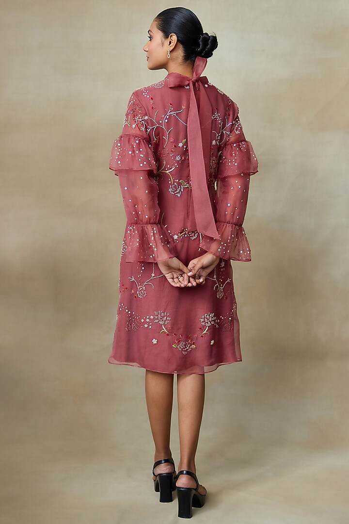 Rust Silk Organza Sequins Work Midi Cocktail Dress by Shasha Gaba at Pernia's Pop Up Shop