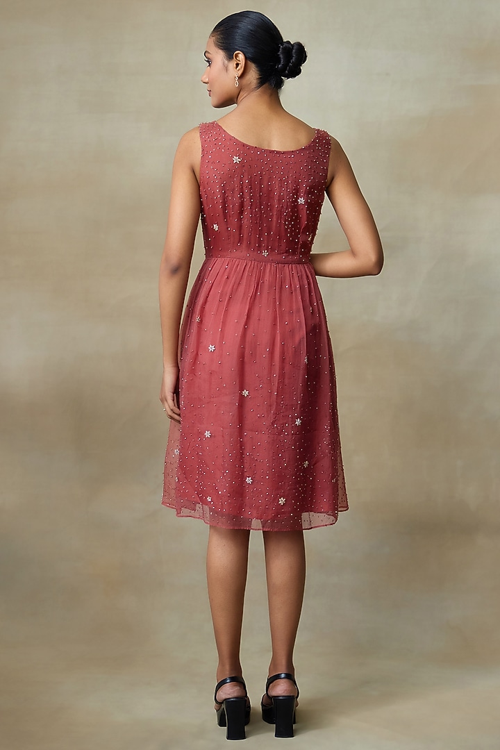 Rust Silk Organza Sequins Work Midi Vacation Dress by Shasha Gaba at Pernia's Pop Up Shop