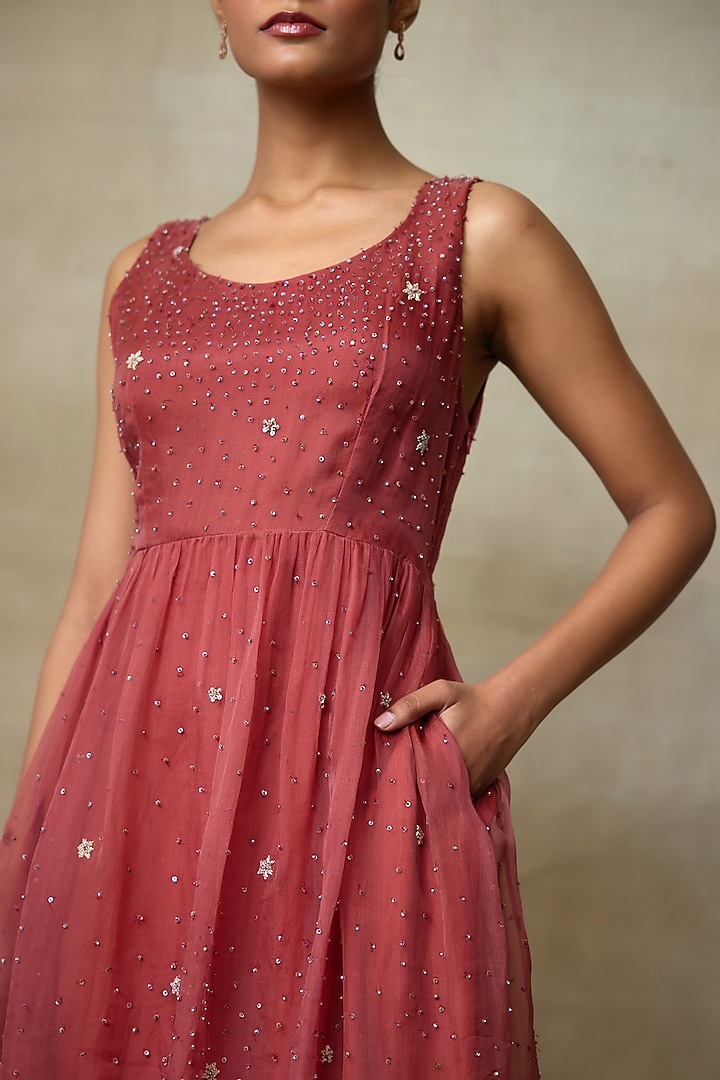 Rust Silk Organza Sequins Work Midi Vacation Dress by Shasha Gaba at Pernia's Pop Up Shop