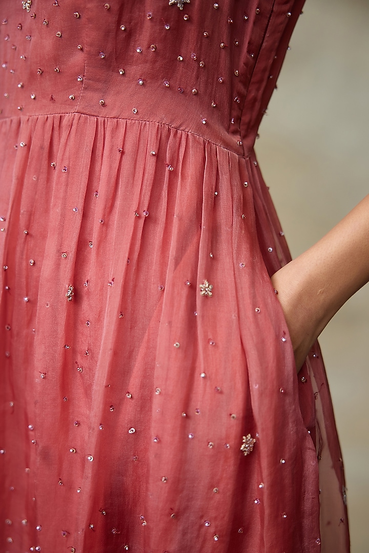 Rust Silk Organza Sequins Work Midi Vacation Dress by Shasha Gaba at Pernia's Pop Up Shop