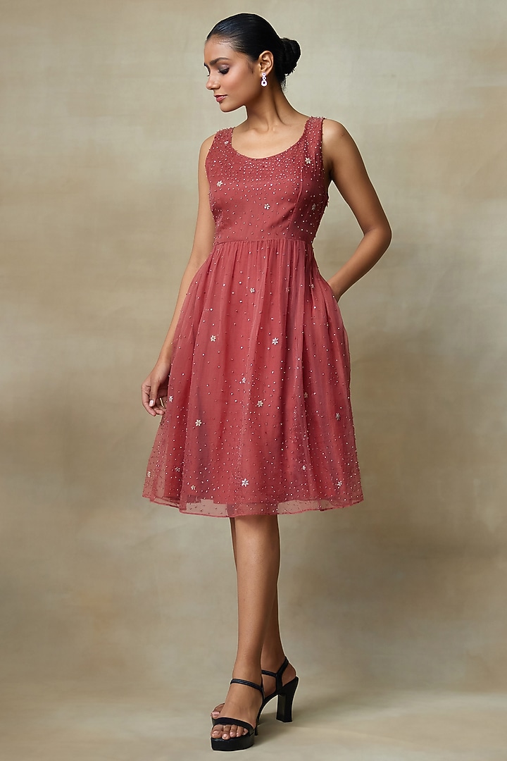 Rust Silk Organza Sequins Work Midi Vacation Dress by Shasha Gaba at Pernia's Pop Up Shop