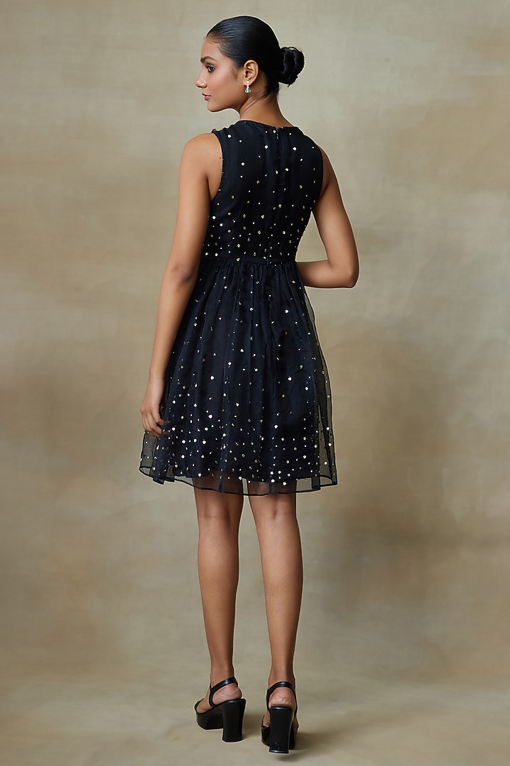 Black Silk Organza Sequins Work Vacation Dress by Shasha Gaba at Pernia's Pop Up Shop