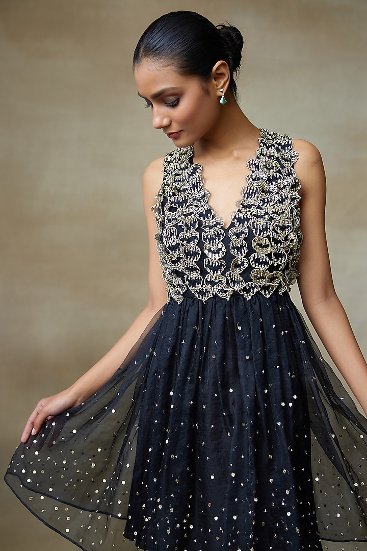 Black Silk Organza Sequins Work Vacation Dress by Shasha Gaba at Pernia's Pop Up Shop