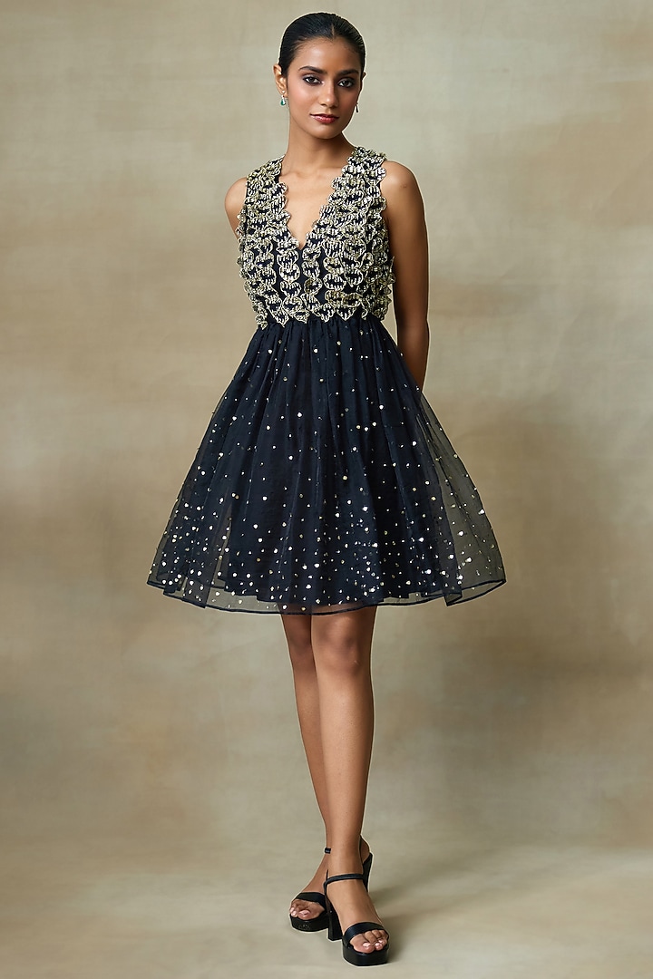 Black Silk Organza Sequins Work Vacation Dress by Shasha Gaba at Pernia's Pop Up Shop