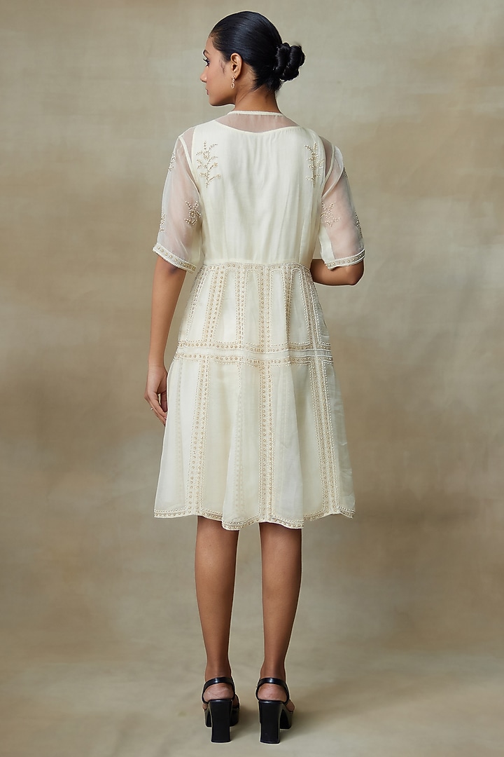 Ivory Silk Organza Resham Work Knee-Length Cocktail Dress by Shasha Gaba at Pernia's Pop Up Shop