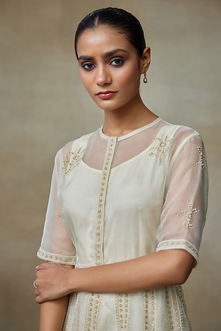 Ivory Silk Organza Resham Work Knee-Length Cocktail Dress by Shasha Gaba at Pernia's Pop Up Shop