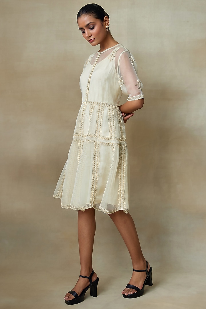 Ivory Silk Organza Resham Work Knee-Length Cocktail Dress by Shasha Gaba at Pernia's Pop Up Shop