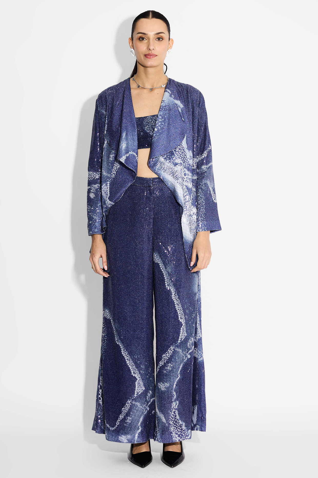 Obsidian Blue Transparent Poly Sequin Lapel Jacket by Shasha Gaba at Pernia's Pop Up Shop