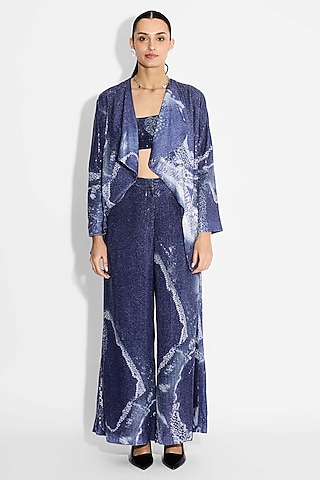 Obsidian Blue Transparent Poly Sequin Lapel Jacket by Shasha Gaba