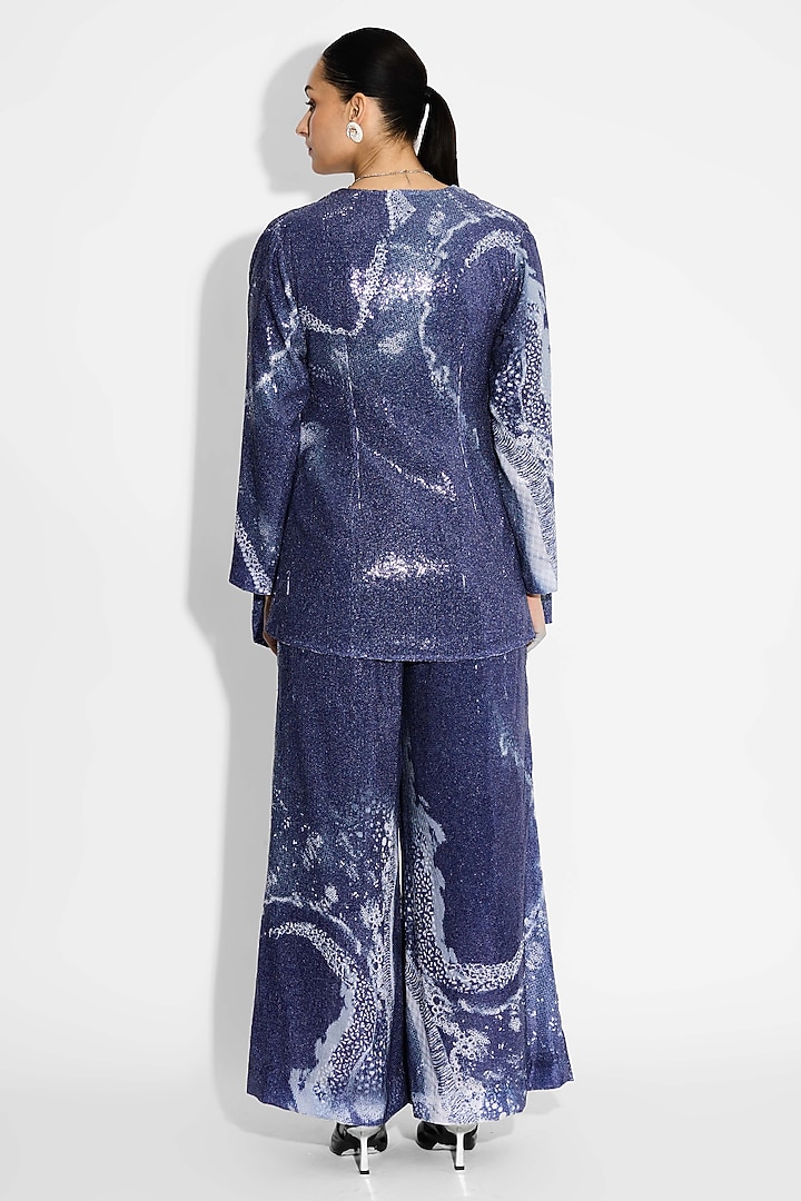 Obsidian Blue Transparent Poly Sequin Lapel Jacket by Shasha Gaba at Pernia's Pop Up Shop