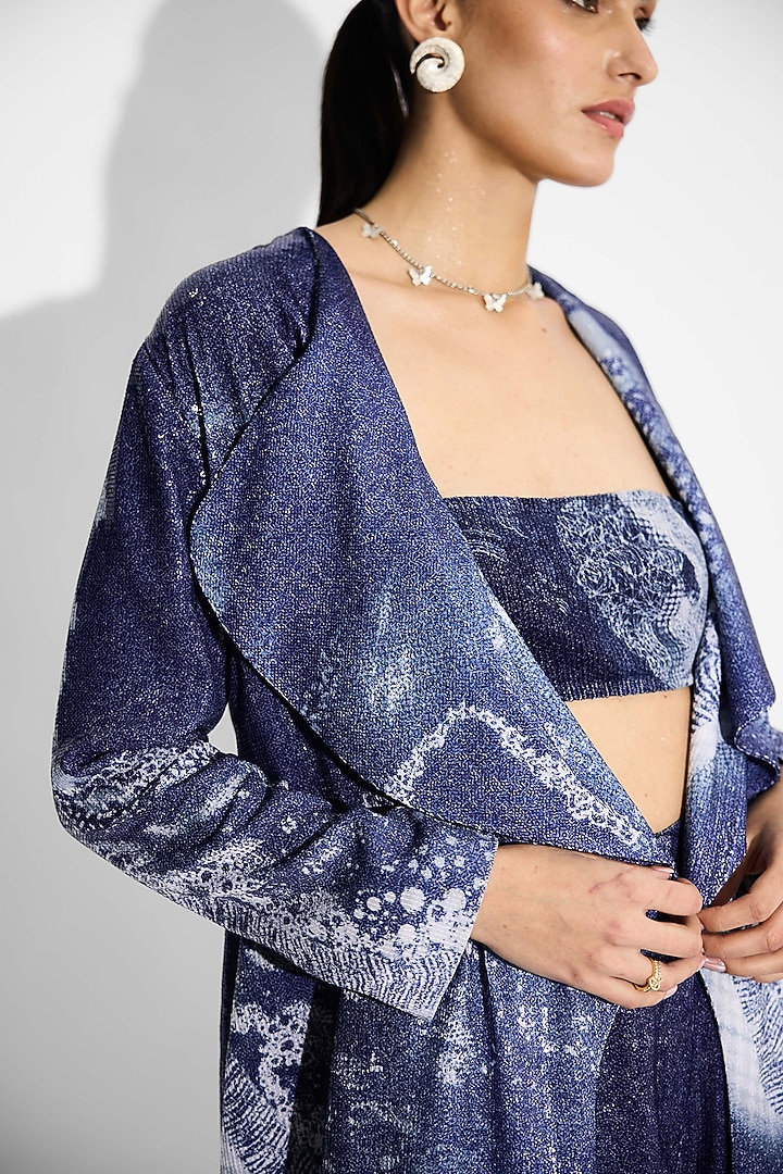 Obsidian Blue Transparent Poly Sequin Lapel Jacket by Shasha Gaba at Pernia's Pop Up Shop