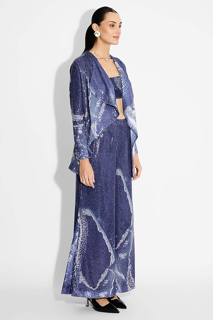 Obsidian Blue Transparent Poly Sequin Lapel Jacket by Shasha Gaba at Pernia's Pop Up Shop