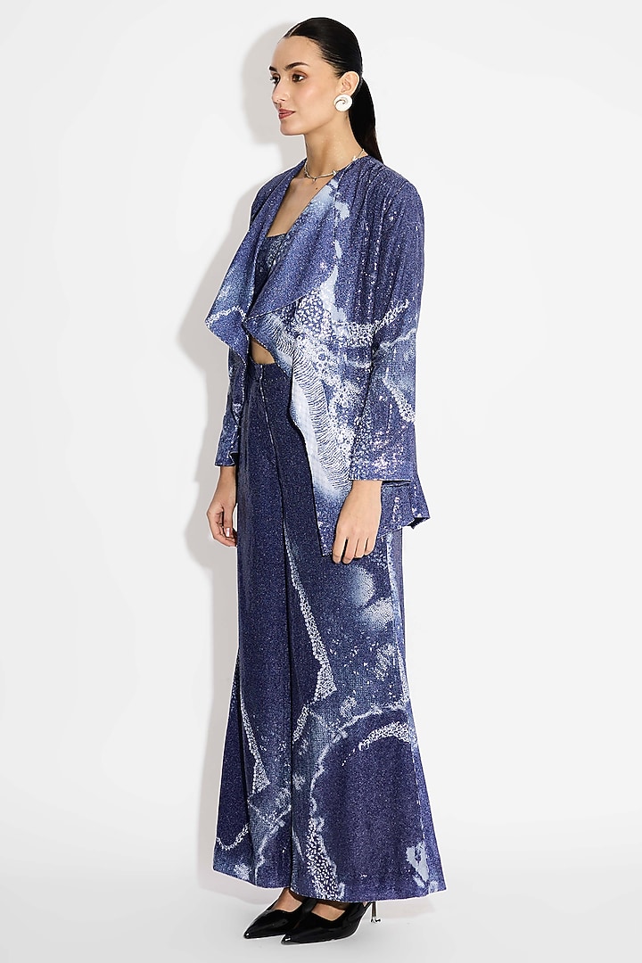 Obsidian Blue Transparent Poly Sequin Lapel Jacket by Shasha Gaba at Pernia's Pop Up Shop