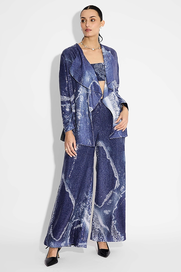 Obsidian Blue Transparent Poly Sequin Lapel Jacket by Shasha Gaba at Pernia's Pop Up Shop