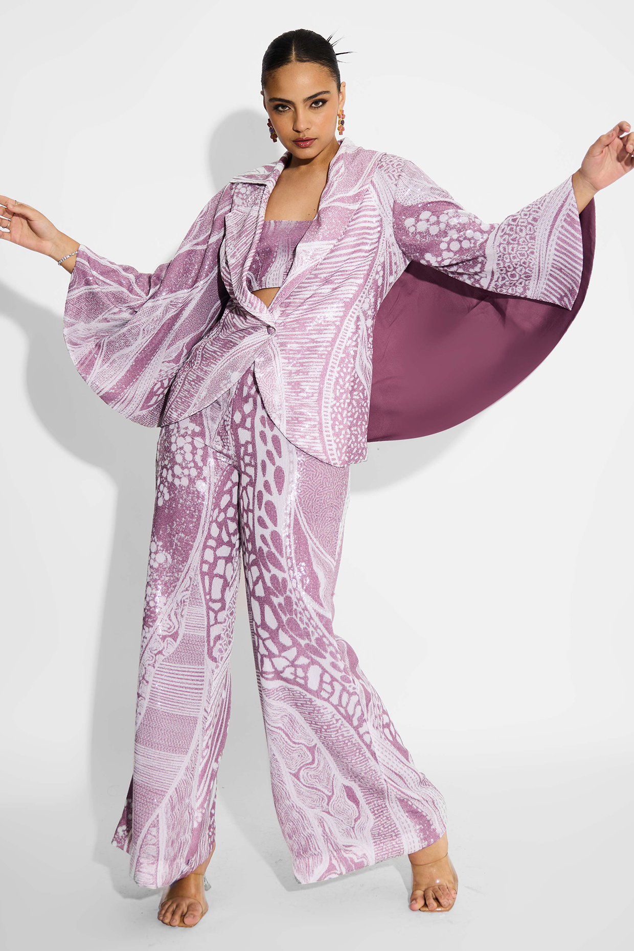 Dusty Purple Transparent Poly Sequin Pants by Shasha Gaba at Pernia's Pop Up Shop