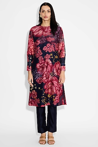Blue Poly Chanderi Floral Straight Kurta by Shasha Gaba
