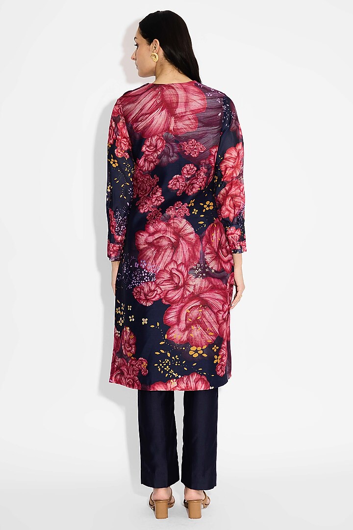 Blue Poly Chanderi Floral Straight Kurta by Shasha Gaba at Pernia's Pop Up Shop