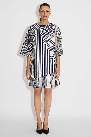 Ivory Poly Chanderi Striped Wrap Dress by Shasha Gaba