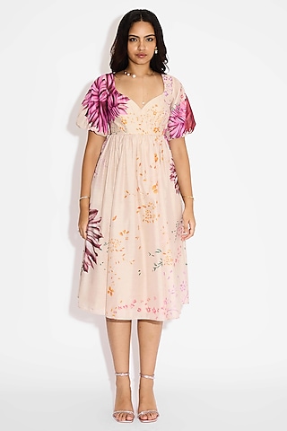 Beige Poly Chanderi Floral Dress by Shasha Gaba