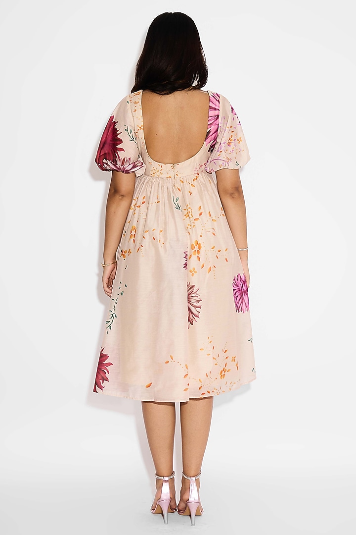 Beige Poly Chanderi Floral Summer Dress by Shasha Gaba at Pernia's Pop Up Shop