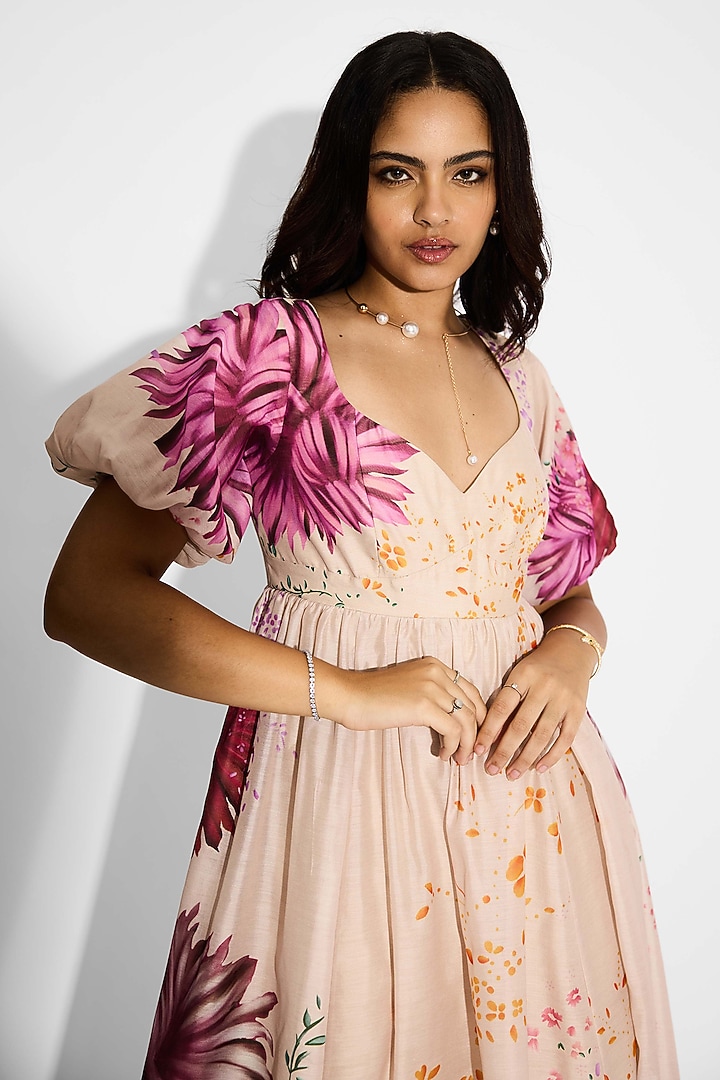 Beige Poly Chanderi Floral Summer Dress by Shasha Gaba at Pernia's Pop Up Shop