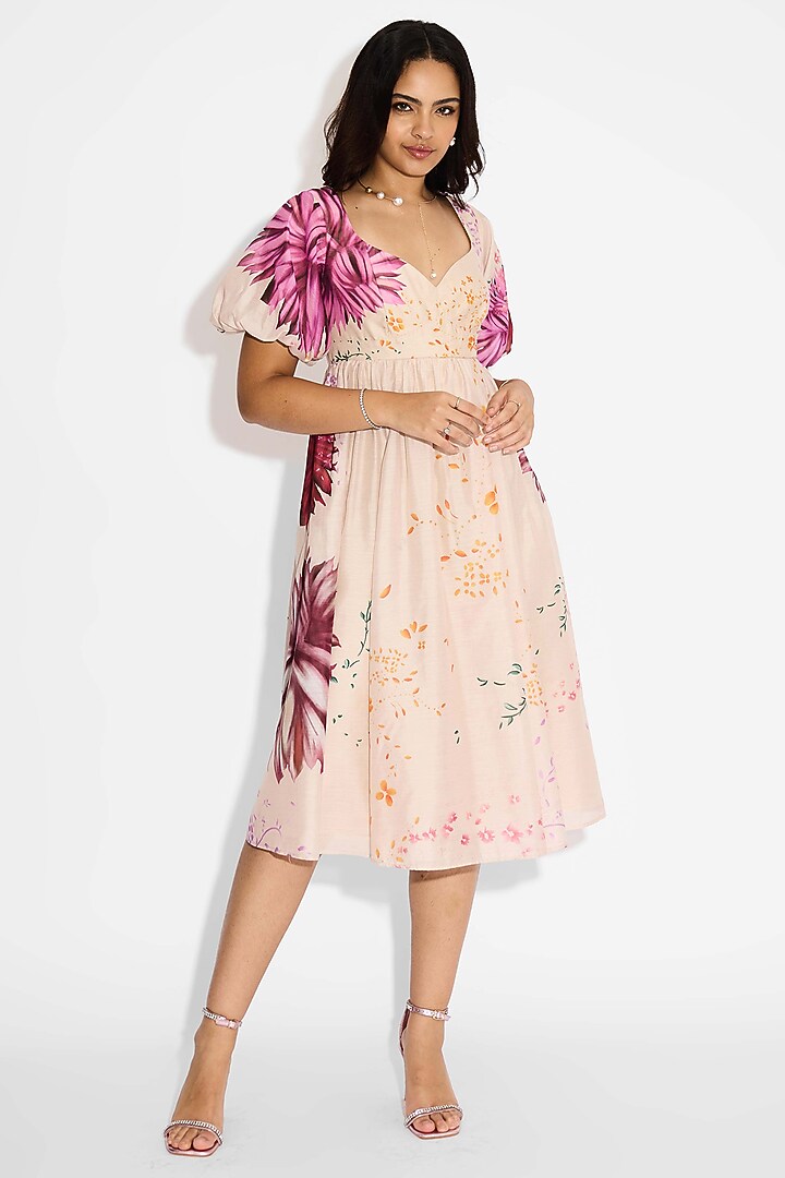 Beige Poly Chanderi Floral Summer Dress by Shasha Gaba at Pernia's Pop Up Shop