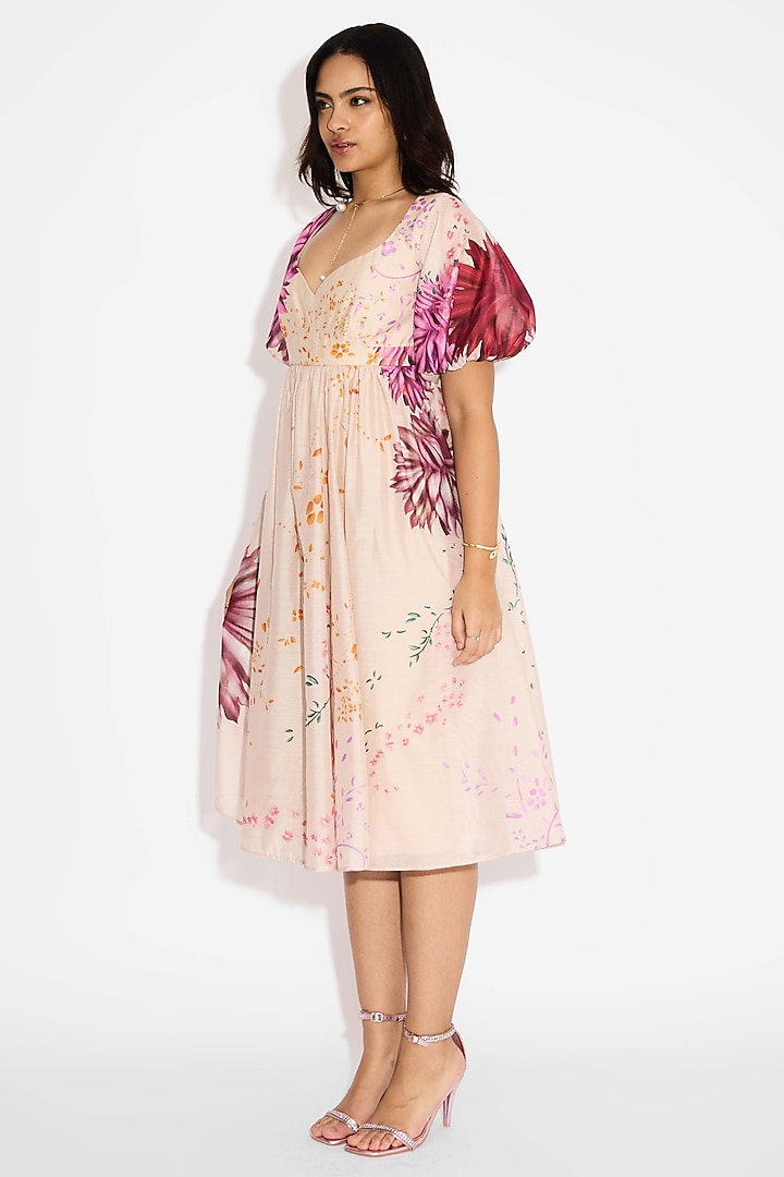 Beige Poly Chanderi Floral Summer Dress by Shasha Gaba at Pernia's Pop Up Shop