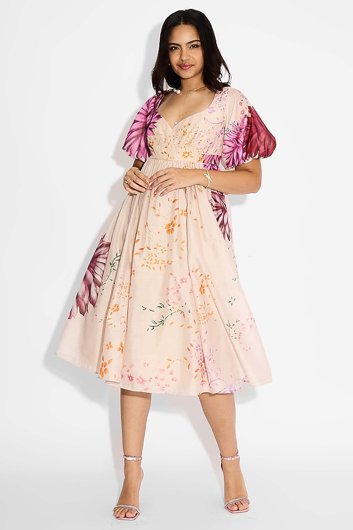Beige Poly Chanderi Floral Summer Dress by Shasha Gaba at Pernia's Pop Up Shop
