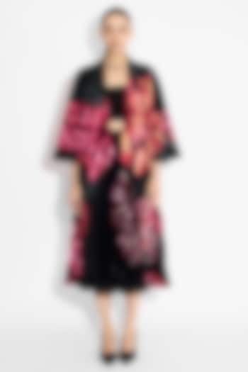 Black Poly Satin Floral Pleated Skirt by Shasha Gaba at Pernia's Pop Up Shop