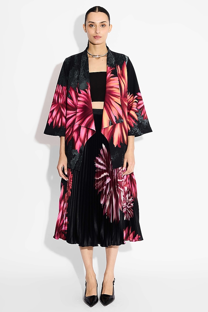 Black Poly Satin Floral Pleated Skirt by Shasha Gaba at Pernia's Pop Up Shop