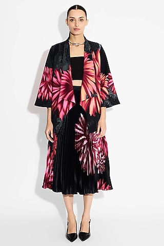 Black Poly Satin Floral Pleated Skirt by Shasha Gaba
