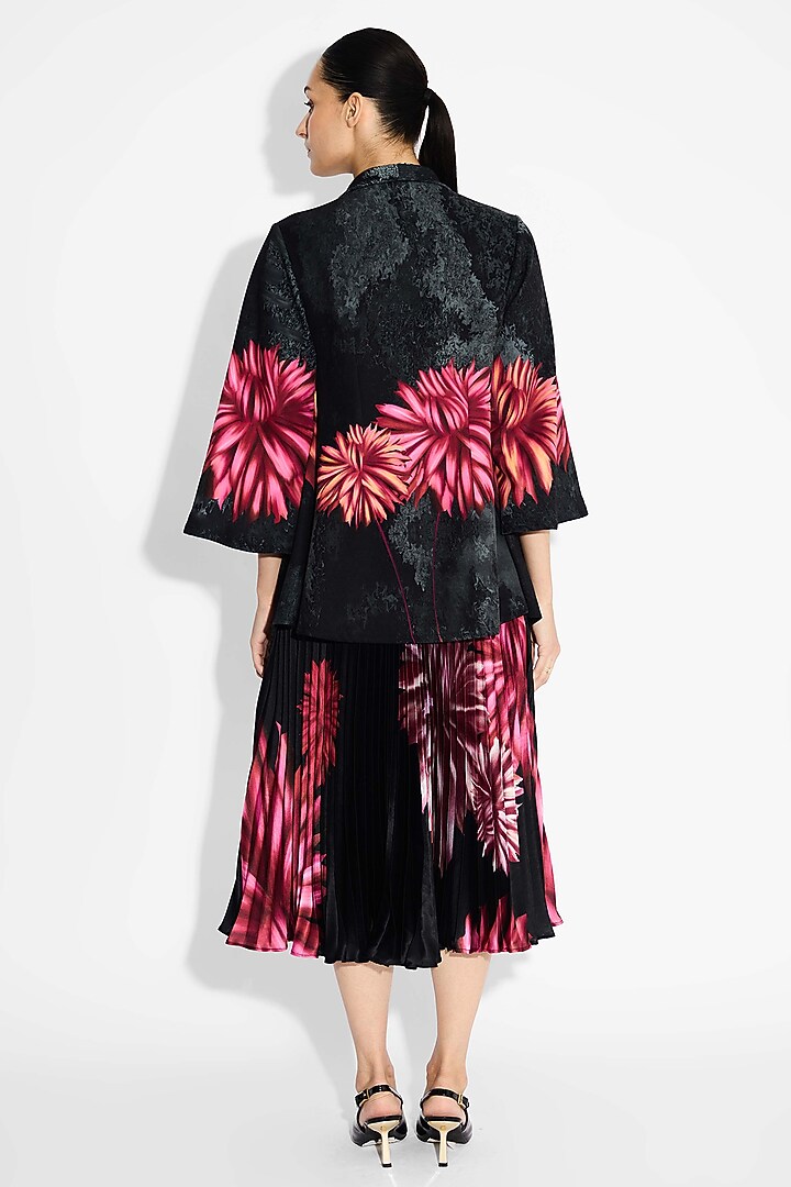 Black Poly Satin Floral Pleated Skirt by Shasha Gaba at Pernia's Pop Up Shop