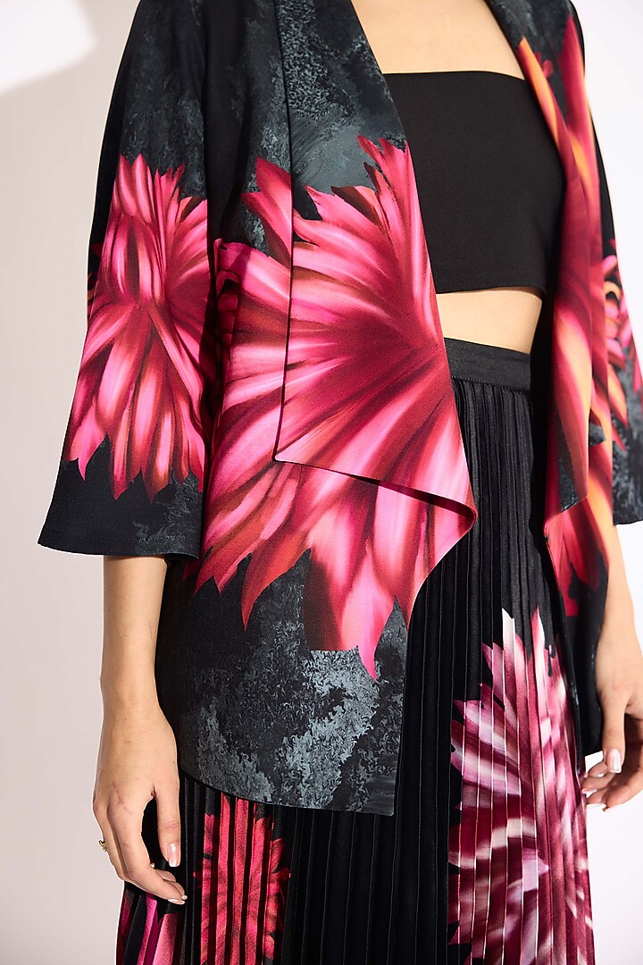 Black Poly Satin Floral Pleated Skirt by Shasha Gaba at Pernia's Pop Up Shop
