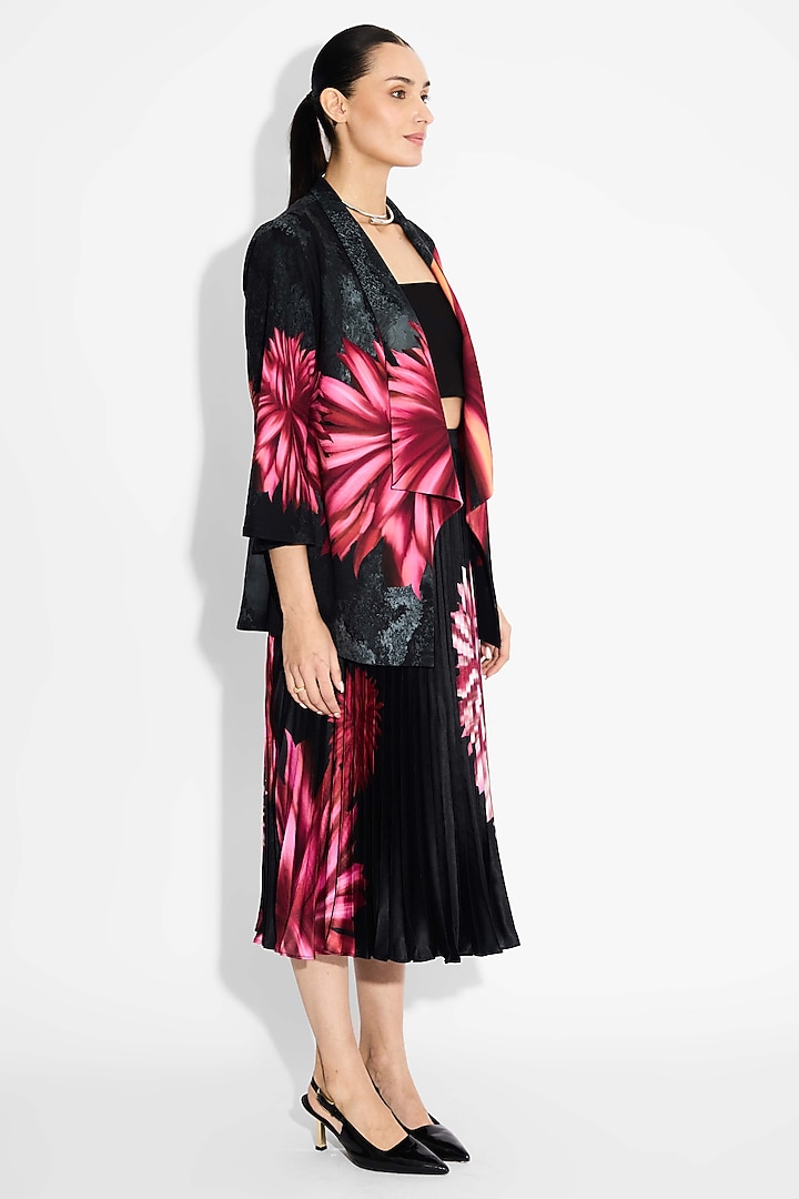 Black Poly Satin Floral Pleated Skirt by Shasha Gaba at Pernia's Pop Up Shop