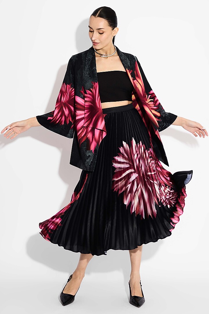 Black Poly Satin Floral Pleated Skirt by Shasha Gaba at Pernia's Pop Up Shop