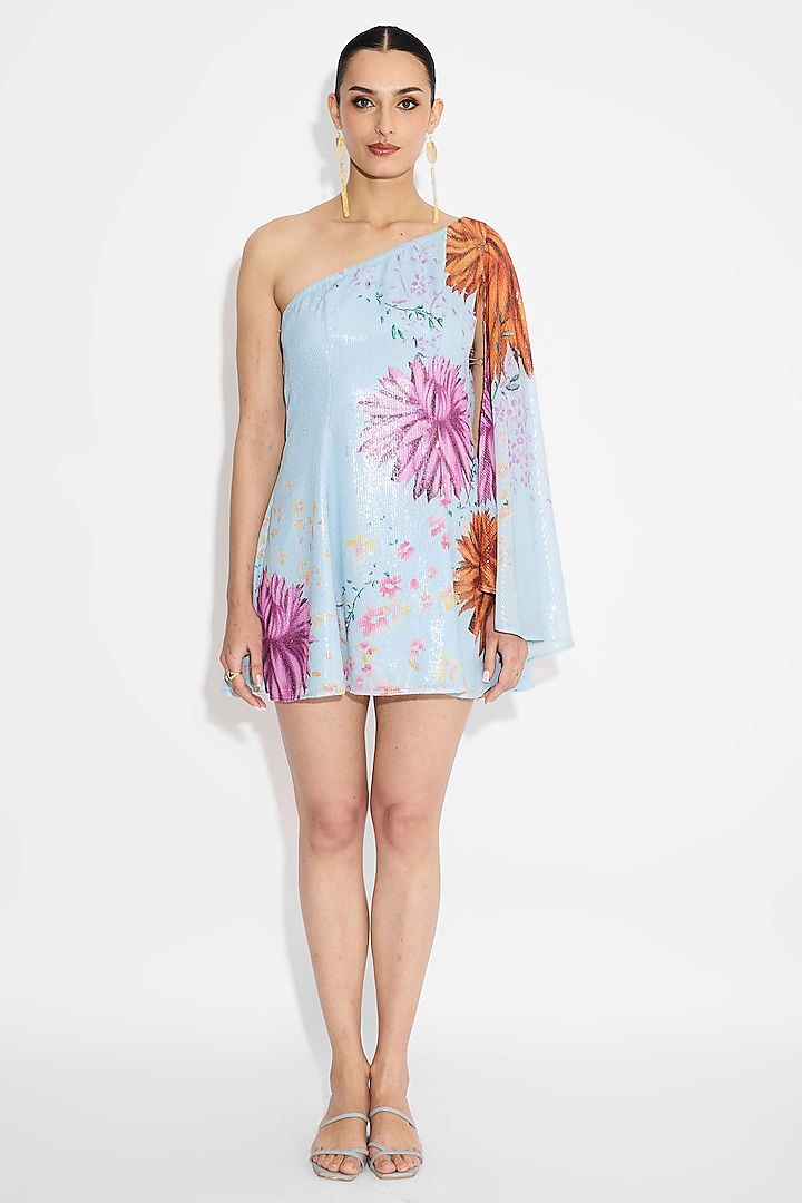 Frost Blue Transparent Poly sequins Floral One-Shoulder Summer Dress by Shasha Gaba at Pernia's Pop Up Shop