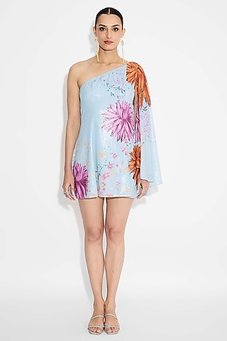 Frost Blue Transparent Poly sequins Floral One-Shoulder Dress by Shasha Gaba