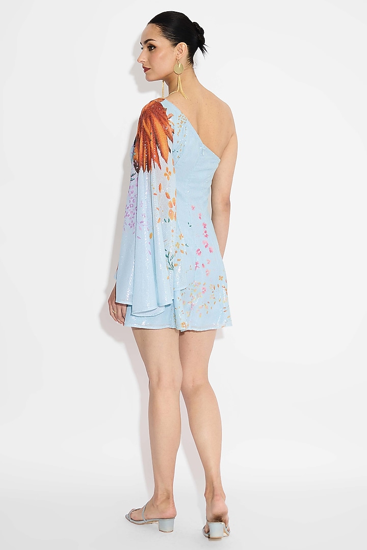 Frost Blue Transparent Poly sequins Floral One-Shoulder Summer Dress by Shasha Gaba at Pernia's Pop Up Shop