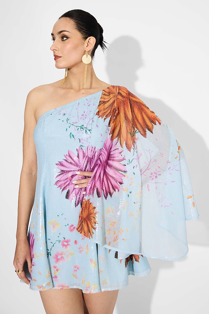 Frost Blue Transparent Poly sequins Floral One-Shoulder Summer Dress by Shasha Gaba at Pernia's Pop Up Shop