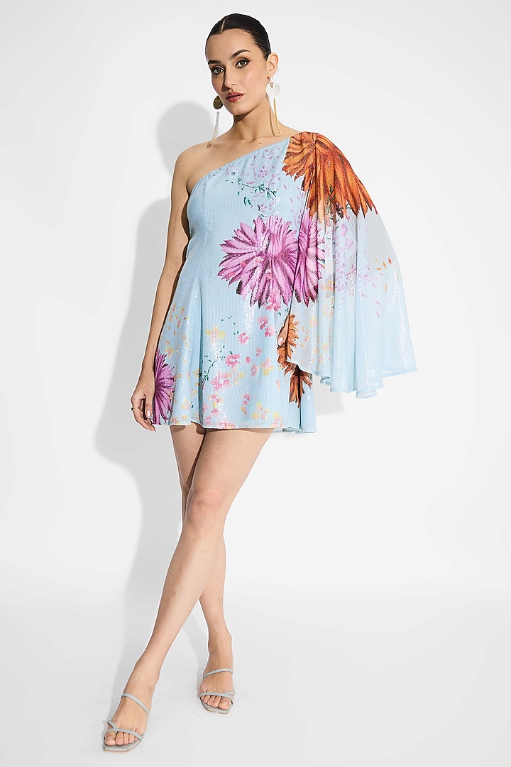 Frost Blue Transparent Poly sequins Floral One-Shoulder Summer Dress by Shasha Gaba at Pernia's Pop Up Shop