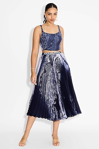 Obsidian Blue Transparent Poly Sequins Swirl Printed Corset Top by Shasha Gaba