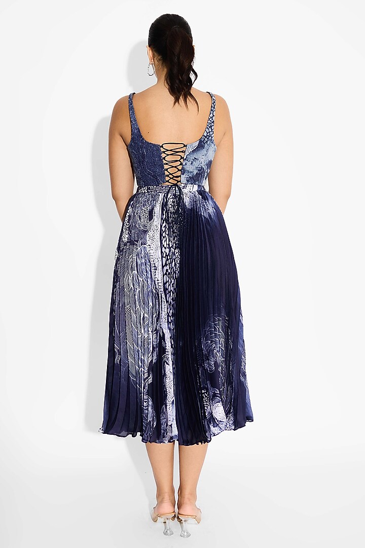 Obsidian Blue Transparent Poly Sequins Swirl Printed Corset Top by Shasha Gaba at Pernia's Pop Up Shop